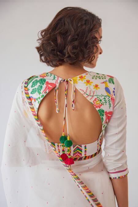 Shop Baise Gaba White Chiffon, Modal, Satin Imaan Floral And Print Saree With Blouse Online at Aza Fashions Shop_Baise Gaba_White Chiffon, Modal, Satin Imaan Floral And Print Saree With Blouse _Online_at_Aza_Fashions