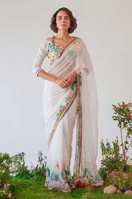 Baise Gaba White Chiffon Printed Floral Imaan And Saree 