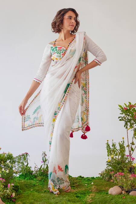Baise Gaba_White Chiffon Imaan Floral And Print Saree _Online_at_Aza_Fashions