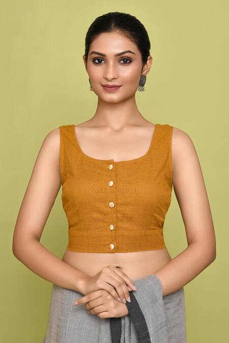 Nazaakat by Samara Singh Yellow Cotton Solid Round Blouse