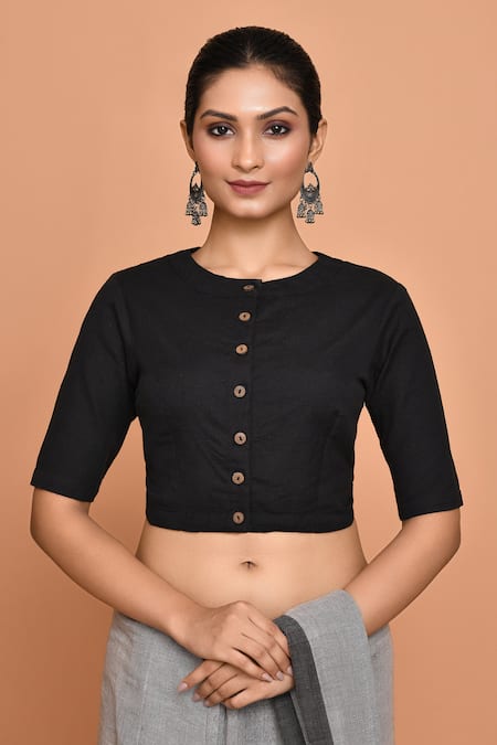 Nazaakat by Samara Singh Black Cotton Solid Round Half Sleeve Blouse