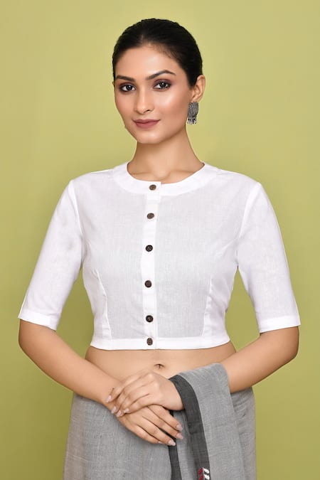 Nazaakat by Samara Singh White Cotton Plain Round Neck Blouse