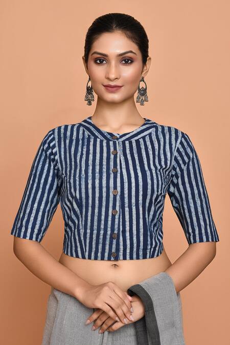 Nazaakat by Samara Singh Blue Cotton Hand Block Printed Stripe Round Neck Blouse
