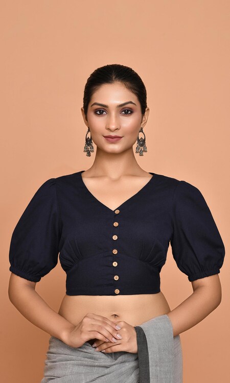 Nazaakat by Samara Singh Blue Cotton Plain V Neck Puff Sleeve Solid Blouse