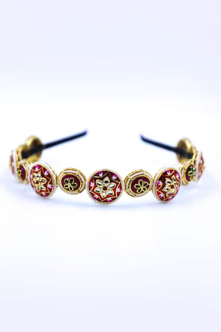 Foot Fuel Gold Crystals, Beads And Red Floral Carved Hairband