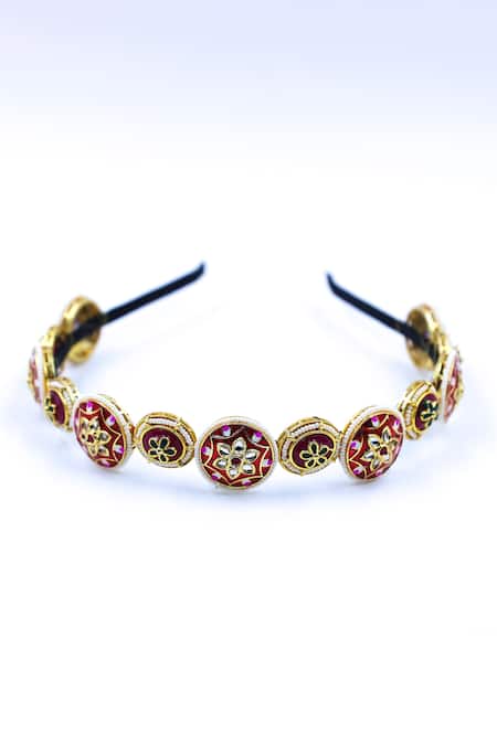 Shop Foot Fuel Gold Crystals, Beads And Red Floral Carved Hairband at Aza Fashions Shop_Foot Fuel_Gold Crystals, Beads And Red Floral Carved Hairband _at_Aza_Fashions