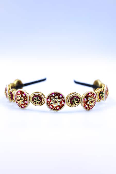 Foot Fuel Gold Crystals, Beads And Red Floral Carved Hairband Online at Aza Fashions Foot Fuel_Gold Crystals, Beads And Red Floral Carved Hairband _Online_at_Aza_Fashions