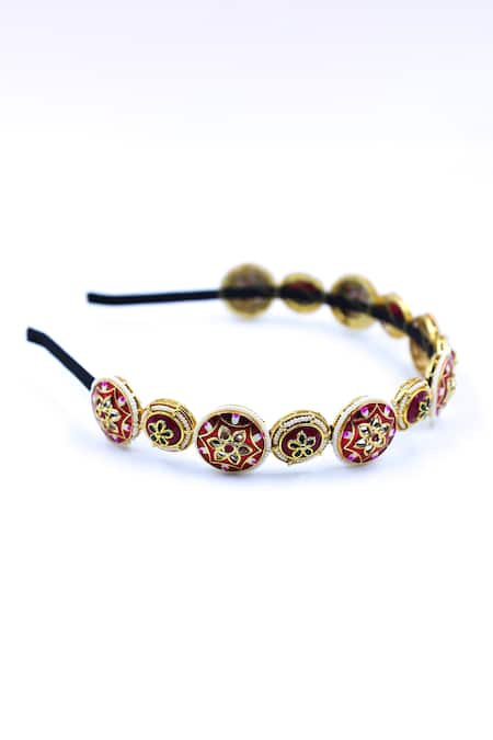Buy Foot Fuel Gold Crystals, Beads And Red Floral Carved Hairband Online at Aza Fashions Buy_Foot Fuel_Gold Crystals, Beads And Red Floral Carved Hairband _Online_at_Aza_Fashions