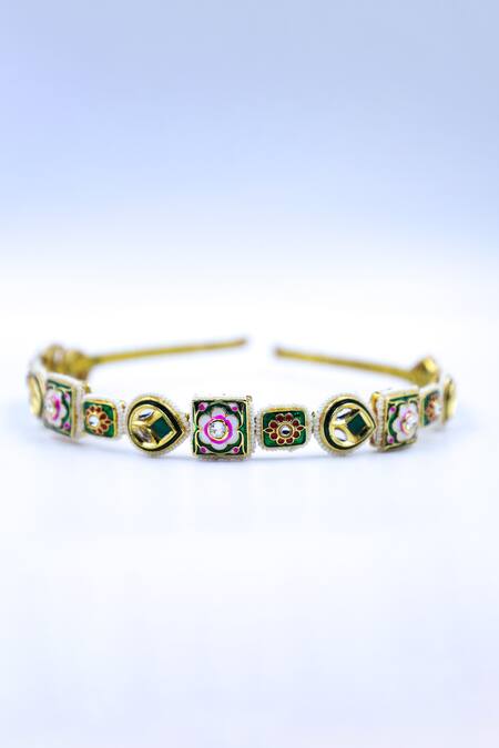 Shop Foot Fuel Gold Crystals, Beads Floral Geometric Brooch Hairband at Aza Fashions Shop_Foot Fuel_Gold Crystals, Beads Floral Geometric Brooch Hairband _at_Aza_Fashions