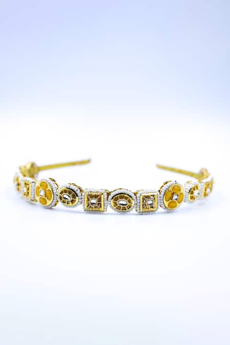 Shop Foot Fuel Gold Crystals, Beads Geometric Brooch Hairband at Aza Fashions Shop_Foot Fuel_Gold Crystals, Beads Geometric Brooch Hairband _at_Aza_Fashions