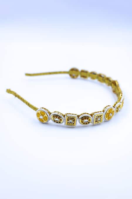 Foot Fuel Gold Crystals, Beads Geometric Brooch Hairband Online at Aza Fashions Foot Fuel_Gold Crystals, Beads Geometric Brooch Hairband _Online_at_Aza_Fashions