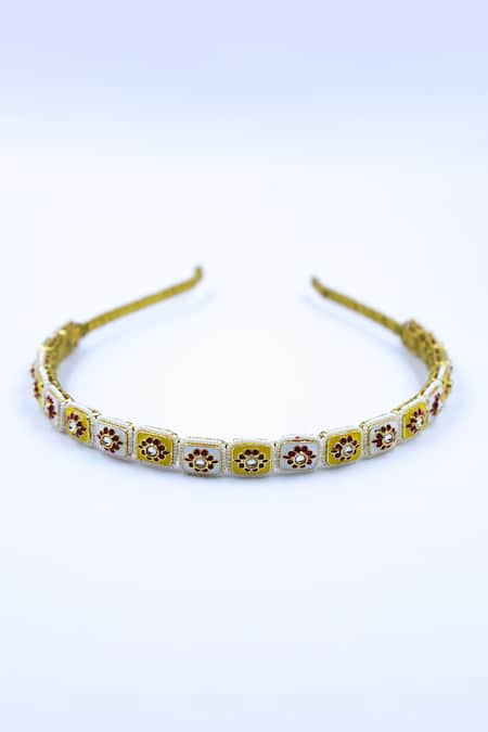 Shop Foot Fuel Gold Beads Square Floral Brooch Hairband at Aza Fashions Shop_Foot Fuel_Gold Beads Square Floral Brooch Hairband _at_Aza_Fashions