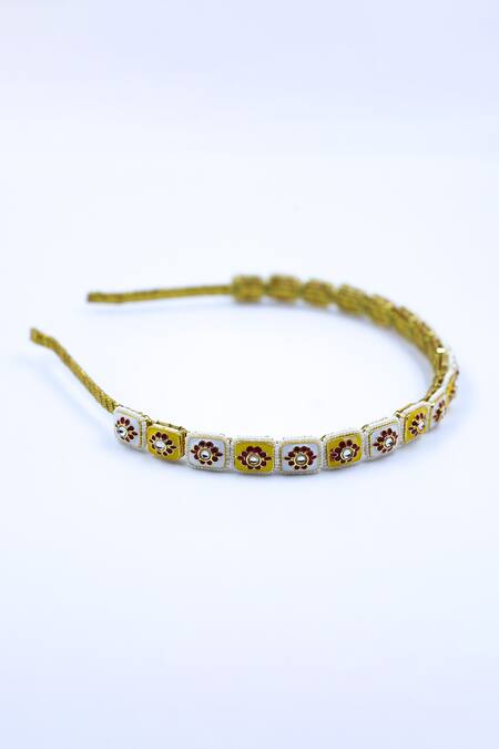 Buy Foot Fuel Gold Beads Square Floral Brooch Hairband Online at Aza Fashions Buy_Foot Fuel_Gold Beads Square Floral Brooch Hairband _Online_at_Aza_Fashions