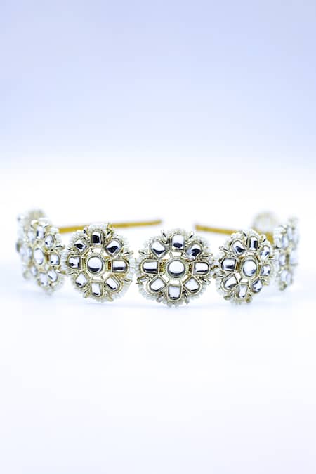 Shop Foot Fuel Gold Crystals, Beads Floral Brooch Hairband at Aza Fashions Shop_Foot Fuel_Gold Crystals, Beads Floral Brooch Hairband _at_Aza_Fashions