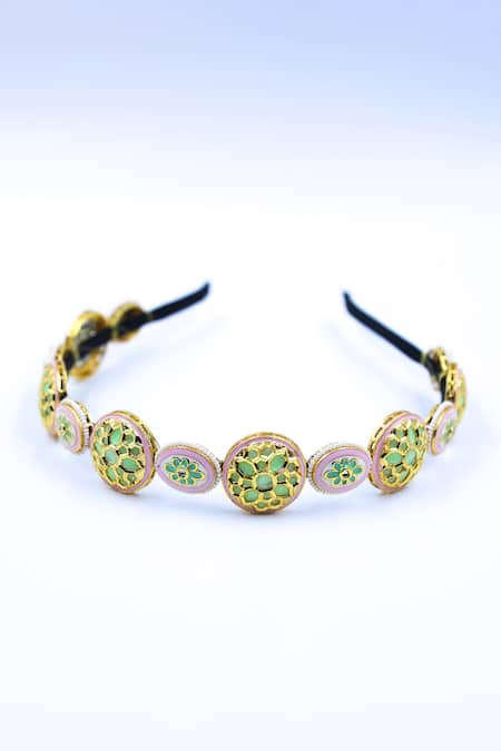 Shop Foot Fuel Multi Color Crystals, Beads Cut-out Brooch Hairband at Aza Fashions Shop_Foot Fuel_Multi Color Crystals, Beads Cut-out Brooch Hairband _at_Aza_Fashions