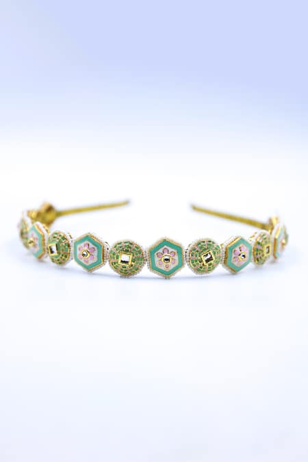 Shop Foot Fuel Gold Crystals, Beads Geometric Floral Brooch Hairband at Aza Fashions Shop_Foot Fuel_Gold Crystals, Beads Geometric Floral Brooch Hairband _at_Aza_Fashions