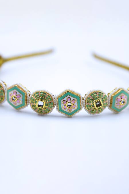 Foot Fuel Gold Crystals, Beads Geometric Floral Brooch Hairband Online at Aza Fashions Foot Fuel_Gold Crystals, Beads Geometric Floral Brooch Hairband _Online_at_Aza_Fashions