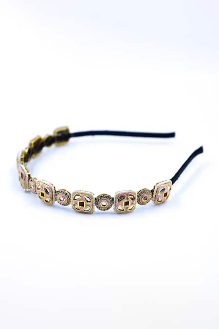 Shop Foot Fuel Gold Crystals, Beads Studded Geometric Brooch Hairband at Aza Fashions Shop_Foot Fuel_Gold Crystals, Beads Studded Geometric Brooch Hairband _at_Aza_Fashions