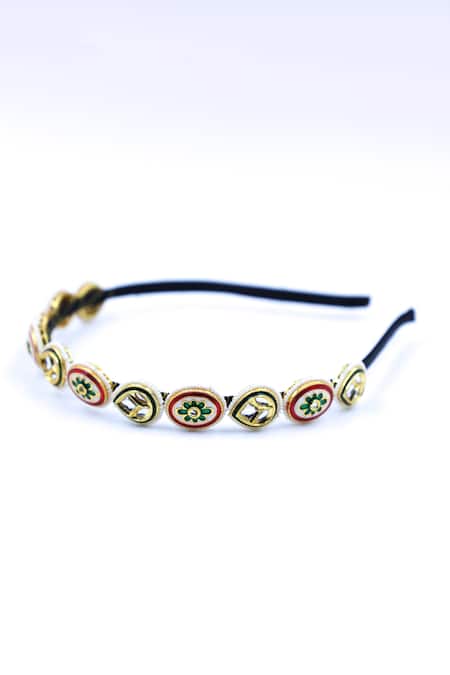 Shop Foot Fuel Gold Beads, Crystals Oval Drop Brooch Hairband at Aza Fashions Shop_Foot Fuel_Gold Beads, Crystals Oval Drop Brooch Hairband _at_Aza_Fashions