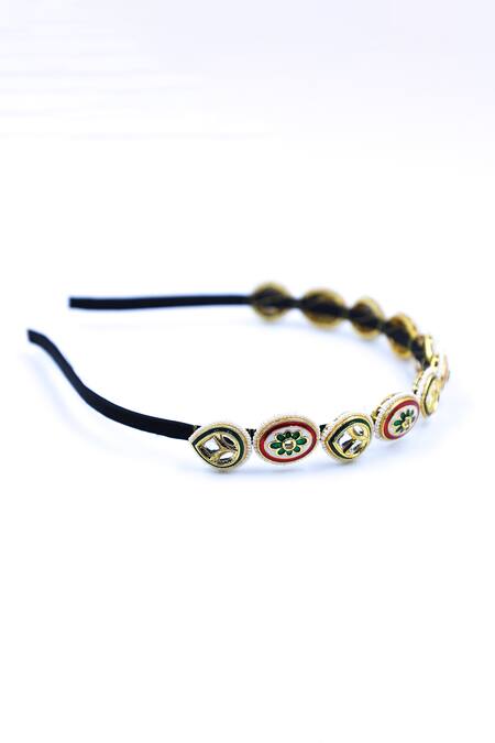 Shop Foot Fuel Gold Beads, Crystals Oval Drop Brooch Hairband Online at Aza Fashions Shop_Foot Fuel_Gold Beads, Crystals Oval Drop Brooch Hairband _Online_at_Aza_Fashions