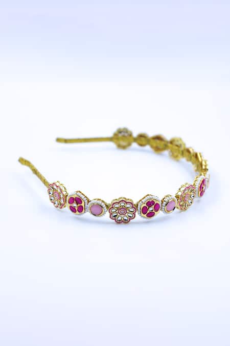 Shop Foot Fuel Gold Crystals, Beads Studded Geometric Hairband at Aza Fashions Shop_Foot Fuel_Gold Crystals, Beads Studded Geometric Hairband _at_Aza_Fashions