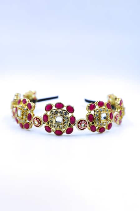 Shop Foot Fuel Gold Beads, Crystals Studded Floral Hairband at Aza Fashions Shop_Foot Fuel_Gold Beads, Crystals Studded Floral Hairband _at_Aza_Fashions