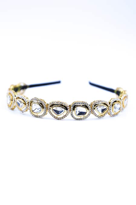 Shop Foot Fuel Gold Crystals Clear Studded Hairband at Aza Fashions Shop_Foot Fuel_Gold Crystals Clear Studded Hairband _at_Aza_Fashions