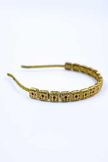 Shop Foot Fuel Gold Crystals Studded Square Brooch Hairband at Aza Fashions Shop_Foot Fuel_Gold Crystals Studded Square Brooch Hairband _at_Aza_Fashions
