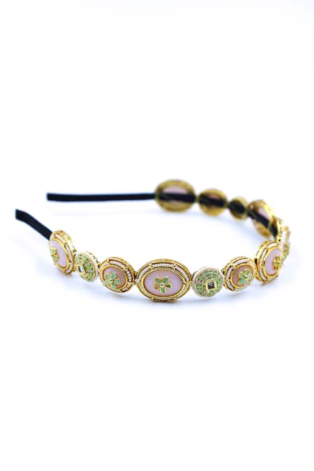 Shop Foot Fuel Gold Beads, Crystals Floral Embellished Hairband at Aza Fashions Shop_Foot Fuel_Gold Beads, Crystals Floral Embellished Hairband _at_Aza_Fashions