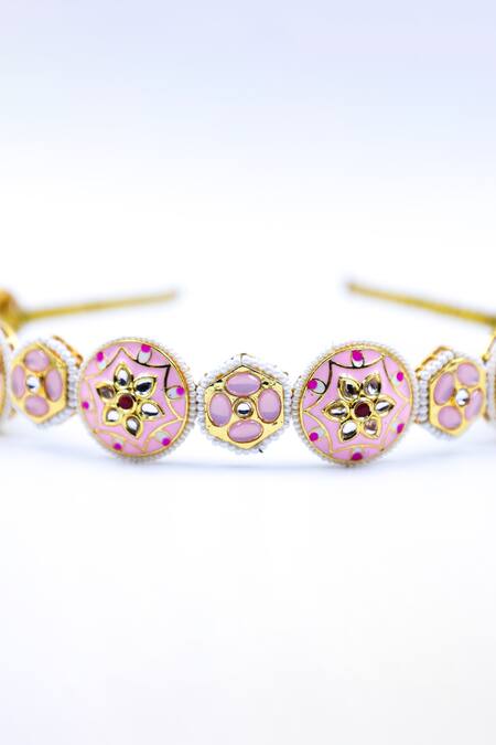 Foot Fuel_Gold Beads, Crystals Embellished Cutwork Hairband _Online_at_Aza_Fashions