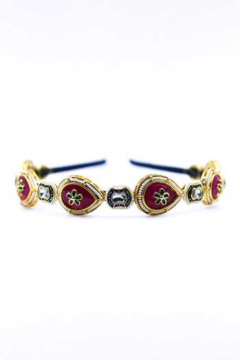 Shop Foot Fuel Red Beads, Crystals Tear Drop Carved Hairband at Aza Fashions Shop_Foot Fuel_Red Beads, Crystals Tear Drop Carved Hairband _at_Aza_Fashions