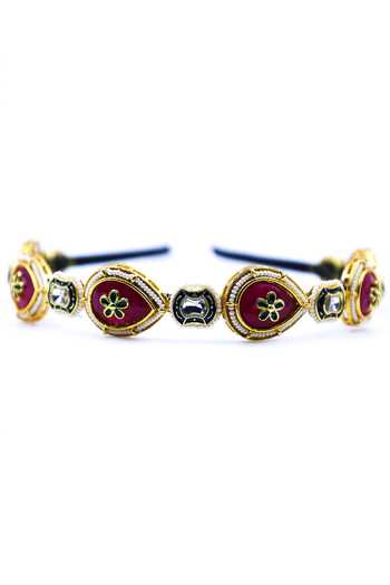 Foot Fuel Red Beads, Crystals Tear Drop Carved Hairband Online at Aza Fashions Foot Fuel_Red Beads, Crystals Tear Drop Carved Hairband _Online_at_Aza_Fashions
