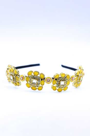 Buy Foot Fuel Yellow Beads, Crystals Floral Carved Cutwork Brooch Hairband at Aza Fashions Buy_Foot Fuel_Yellow Beads, Crystals Floral Carved Cutwork Brooch Hairband _at_Aza_Fashions