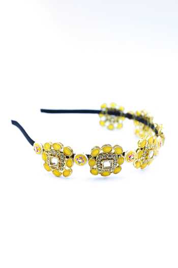 Shop Foot Fuel Yellow Beads, Crystals Floral Carved Cutwork Brooch Hairband at Aza Fashions Shop_Foot Fuel_Yellow Beads, Crystals Floral Carved Cutwork Brooch Hairband _at_Aza_Fashions