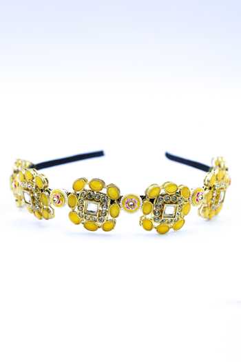 Foot Fuel Yellow Beads, Crystals Floral Carved Cutwork Brooch Hairband Online at Aza Fashions Foot Fuel_Yellow Beads, Crystals Floral Carved Cutwork Brooch Hairband _Online_at_Aza_Fashions