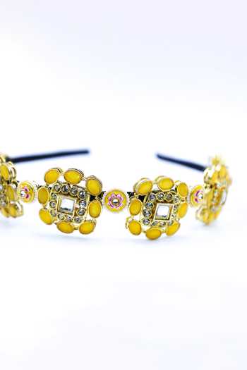 Buy Foot Fuel Yellow Beads, Crystals Floral Carved Cutwork Brooch Hairband Online at Aza Fashions Buy_Foot Fuel_Yellow Beads, Crystals Floral Carved Cutwork Brooch Hairband _Online_at_Aza_Fashions