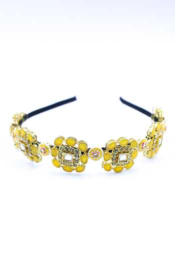 Shop Foot Fuel Yellow Beads, Crystals Floral Carved Cutwork Brooch Hairband Online at Aza Fashions Shop_Foot Fuel_Yellow Beads, Crystals Floral Carved Cutwork Brooch Hairband _Online_at_Aza_Fashions