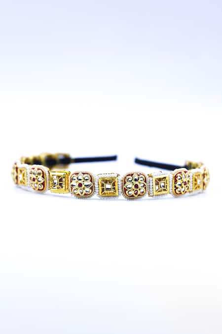 Shop Foot Fuel Gold Beads, Crystals Geometric Carved Hairband at Aza Fashions Shop_Foot Fuel_Gold Beads, Crystals Geometric Carved Hairband _at_Aza_Fashions