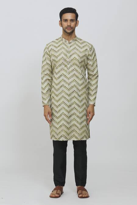Rng Safawala Beige Georgette, Cotton, Silk Chevron Print Kurta And Black Mexican Pant Set Online at Aza Fashions Rng Safawala_Beige Georgette, Cotton, Silk Chevron Print Kurta And Black Mexican Pant Set _Online_at_Aza_Fashions