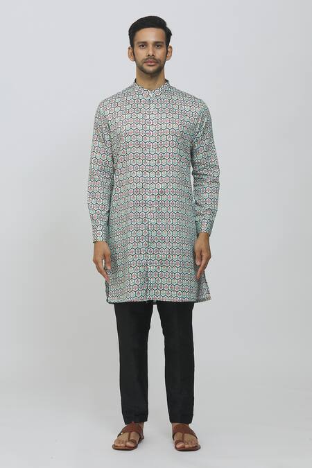 Rng Safawala_Blue Cotton, Silk Floral Print Kurta And Mexican Pant Set _Online_at_Aza_Fashions