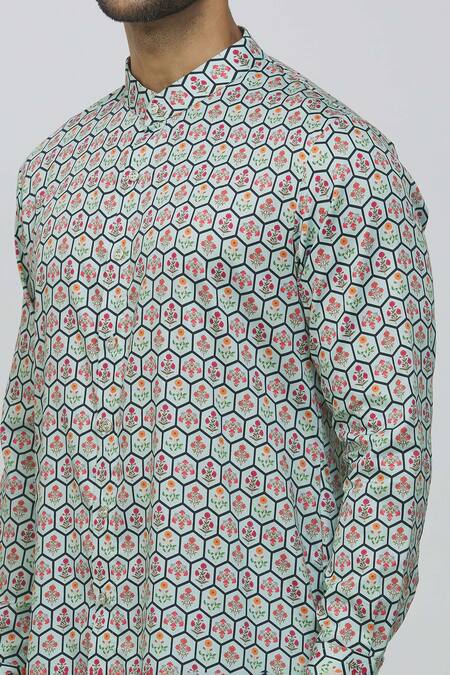 Shop_Rng Safawala_Blue Cotton, Silk Floral Print Kurta And Mexican Pant Set _Online_at_Aza_Fashions