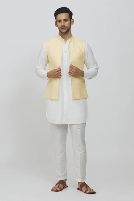 Buy Rng Safawala Yellow Brocade, Silk Embroidery Printed Jacket And Off White Kurta Set Online at Aza Fashions Buy_Rng Safawala_Yellow Brocade, Silk Embroidery Printed Jacket And Off White Kurta Set _Online_at_Aza_Fashions