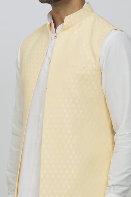 Shop Rng Safawala Yellow Brocade, Silk Embroidery Printed Jacket And Off White Kurta Set Online at Aza Fashions Shop_Rng Safawala_Yellow Brocade, Silk Embroidery Printed Jacket And Off White Kurta Set _Online_at_Aza_Fashions