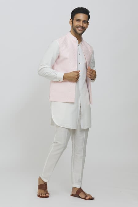 Shop Rng Safawala Pink Brocade, Silk Embroidery Printed Jacket And Off White Kurta Set Online at Aza Fashions Shop_Rng Safawala_Pink Brocade, Silk Embroidery Printed Jacket And Off White Kurta Set _Online_at_Aza_Fashions