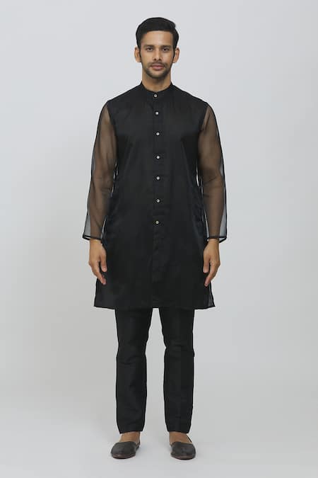 Rng Safawala_Black Silk, Organza Sequins, Embroidery Raw Open Jacket And Kurta Set _Online_at_Aza_Fashions