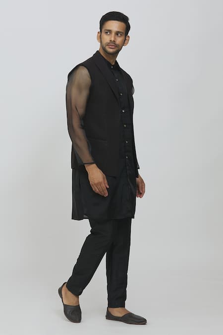 Buy_Rng Safawala_Black Silk, Organza Sequins, Embroidery Raw Open Jacket And Kurta Set _Online_at_Aza_Fashions