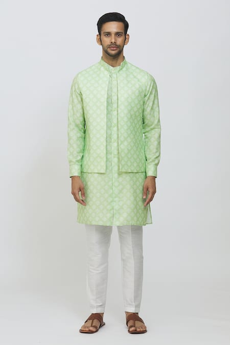 Shop Rng Safawala Green Cotton, Linen, Silk Embroidery Block Print Jacket Kurta Set Online at Aza Fashions Shop_Rng Safawala_Green Cotton, Linen, Silk Embroidery Block Print Jacket Kurta Set _Online_at_Aza_Fashions