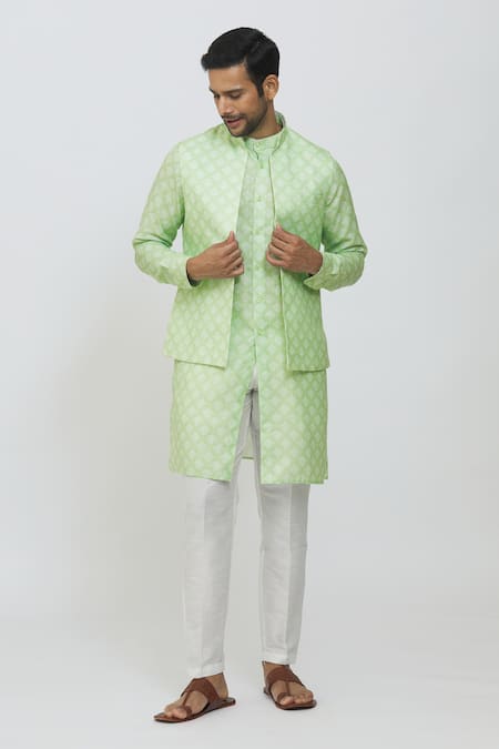 Rng Safawala Green Cotton, Linen, Silk Embroidery Block Print Jacket Kurta Set at Aza Fashions Rng Safawala_Green Cotton, Linen, Silk Embroidery Block Print Jacket Kurta Set _at_Aza_Fashions