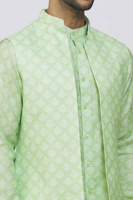 Buy Rng Safawala Green Cotton, Linen, Silk Embroidery Block Print Jacket Kurta Set Buy_Rng Safawala_Green Cotton, Linen, Silk Embroidery Block Print Jacket Kurta Set
