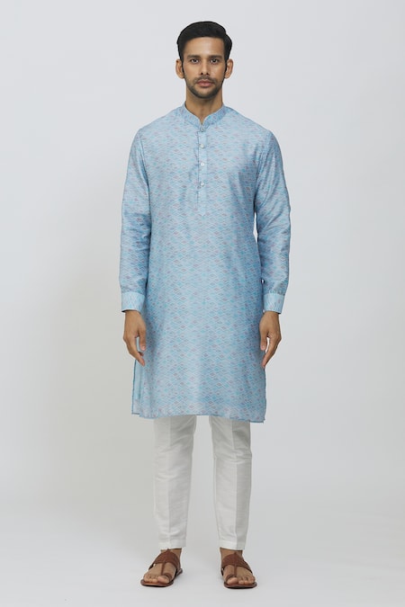 Buy Rng Safawala Sky Blue Silk, Cotton Embroidery Raw Block Print Jacket With Kurta Set Online at Aza Fashions Buy_Rng Safawala_Sky Blue Silk, Cotton Embroidery Raw Block Print Jacket With Kurta Set_Online_at_Aza_Fashions